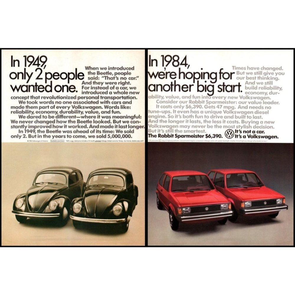 1984 Volkswagen Rabbit Sparmeister 1949 VW Beetle Bug 2 Page Vintage Print Ad